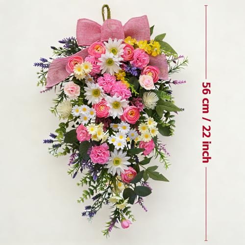 Idyllic 22 Inch Spring Floral Weeping Door Swag with Pink Bow for Front Door Porch Welcome and Home Entryway Decoration - size: 23 Inch