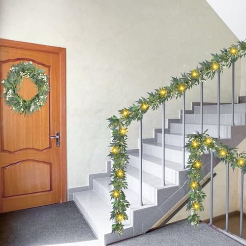 Artgar Eucalyptus Garland with Lights - 6 Ft Greenery Garland - Artificial Silver Dollar Olive Garlands, Spring/Summer Green Garlands for Indoor Outdoor Home Decor Wedding Arches Backdrops Table Decor - color: Eucalyptus Garland