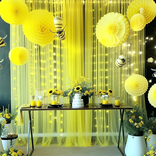 Yellow Tulle Backdrop Curtains with Lights String for Birthday Party Photoshoot 10ft × 8ft Sheer Backdrop Curtains for Baby Shower Wedding Background Decorations 2 Panels 5×8ft - color: Yellow, size: 10 ft X 8 ft(2 Panels 5ft X 8ft)