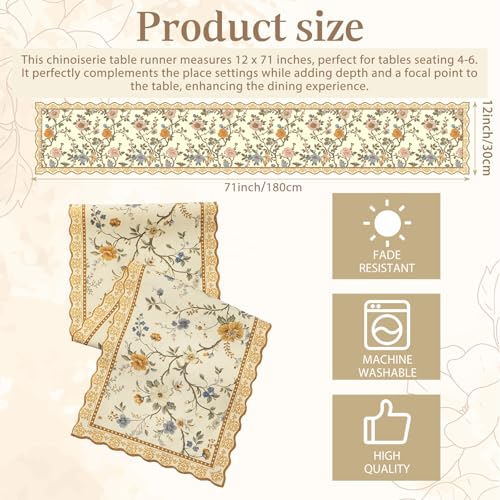 HunnmingRe Chinoiserie Table Runner Light Brown White Floral Table Runner Vintage Chinoiserie Spring Decorative Dinner Dining Decor for Home Cottage Core Party Kitchen Decorations, 12 x 71 Inch - color: Light Brown