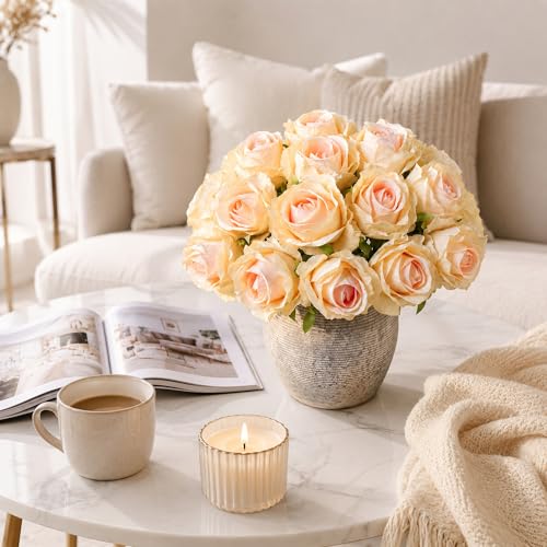 Ivydale 18pcs Champagne Roses Artificial Flowers, Fake Roses Silk Flowers with Stems Realistic Bouquet for Wedding Party Mother's Day DIY Centerpiece Floral Romantic Gifts - color: Rose-champagne