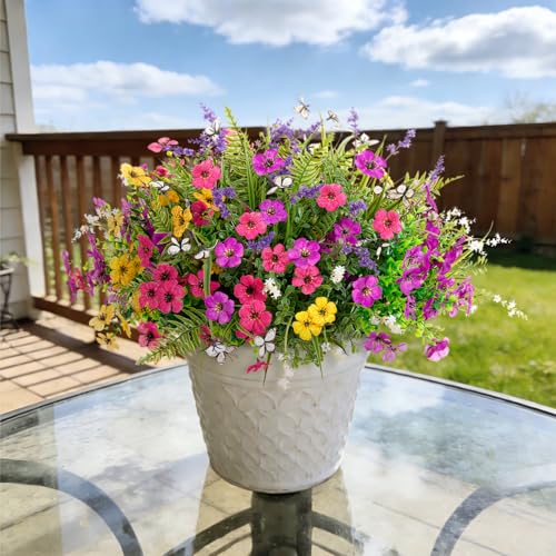 Artificial Fake Flowers for Outdoor Porch Planters Boxes Decoration,12 Bundles Outdoor Faux Fern Plants with Butterfly,UV Resistant Greenery Yard Patio Garden Decor - color: Muticolor
