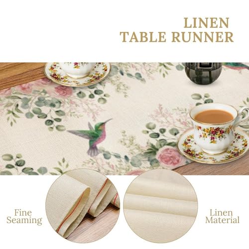 Hummingbird Floral Table Runner,Pink Rose Eucalyptus Green Leaves Nature Plant Table Runner for Holiday Kitchen Living Room Home Party Decor 13x36 Inch - color: Hummingbird-2, size: 13x36in