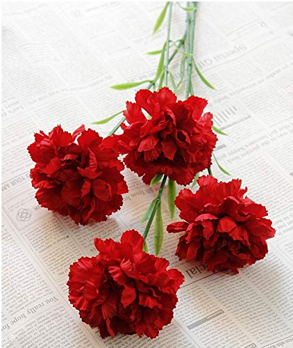 10 Stem Bouquet of Red Artificial Silk Flower Carnations,Single Flower Head 20" Bouquet and Green Leaf for Home Decor Table Centerpieces Bridal Wedding Party Birthday Cake Ornaments - color: Red