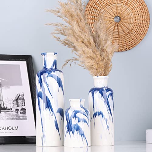 Blue Ceramic Vase Set - 3 Decorative Navy Blue and White Vase for Centerpieces, Farmhouse and Home Decor - Ideal for Living Room, Kitchen, Bedroom, Dining Table and Office Decor - color: Blue & White
