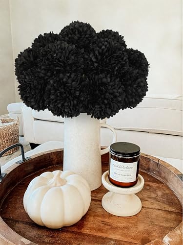Briful 12 Pcs Artificial Black Chrysanthemum Stems – 11” Tall Silk Mums Flower Heads with Green Leaves, Flexible Stems for Fall Floral Pick Arrangements, Home, Wedding & Seasonal Decorations - color: 3.5'' Dia. 12pcs Black