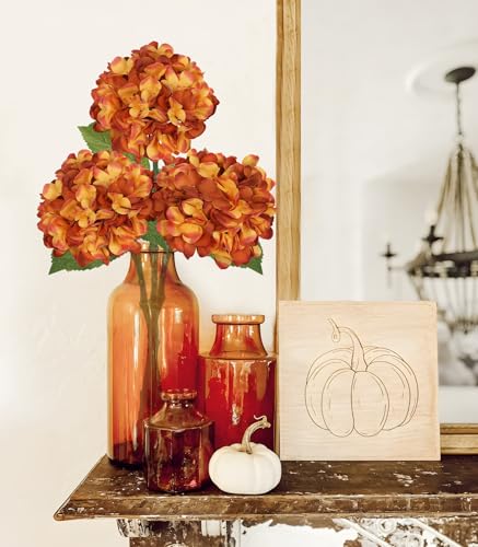 Hollyone 3Pcs Orange Hydrangea Artificial Flowers 28.7" Real Touch Large Faux Silk Hydrangeas Flowers with Stems Fake Flower for Home Wedding Floral Arrangement Centerpiece Table Vase Fall Decor - color: Orange