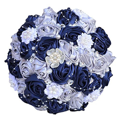 Bridal Wedding Bouquet with Rhinestone Brooch Pearl Bouquet for Bride Bridesmaid Quinceanera Satin Rose Flower Bouquet Wedding Navy Blue and Silver Grey 8.7in - color: Navy Blue and Silver (Standard Size: Dia.8.7")