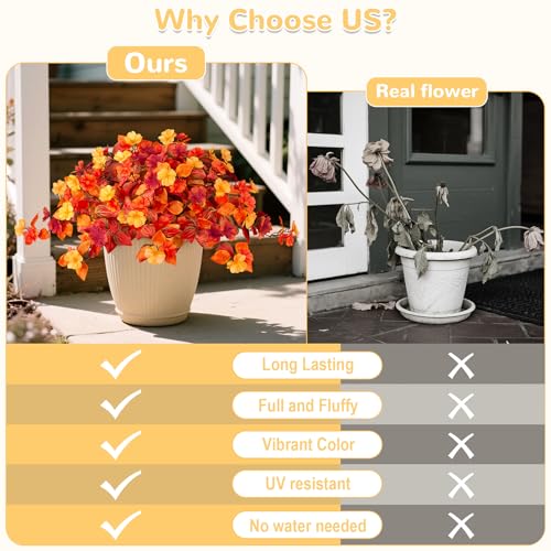 INXUGAO Fake Fall Flowers Artificial for Decoration 2PCS Faux Silk Fall Flowers Plants for Outdoors Outside Planters UV Resistant Looks Real for Front Door Porch Patio Garden Decor - color: Y1-orange Red Yellow