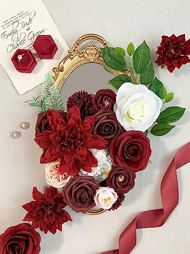 FACINOC Roses Artificial Flowers Red Bouquet Box Set Fake Flower for DIY Bridal Wedding Shower Decorations Centerpieces for Table Faux Silk Floral Arrangement for Party Home Decor Indoor Burgundy - color: T (Red, Burgundy)