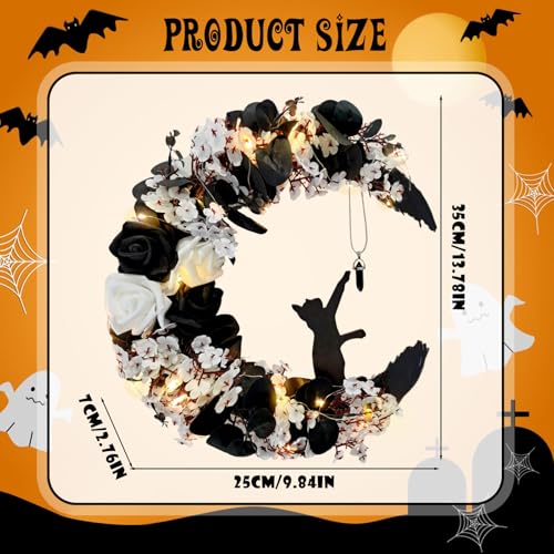 Halloween Wreaths for Front Door, Flower Moon Cat Halloween Home Decoration, Fall Winter Family Gathering Decoration Wreath Outdoor Wall Closet Fence Spooky Wreath(Moon Cat White13.7in×9.8in) - color: Moon Cat - White