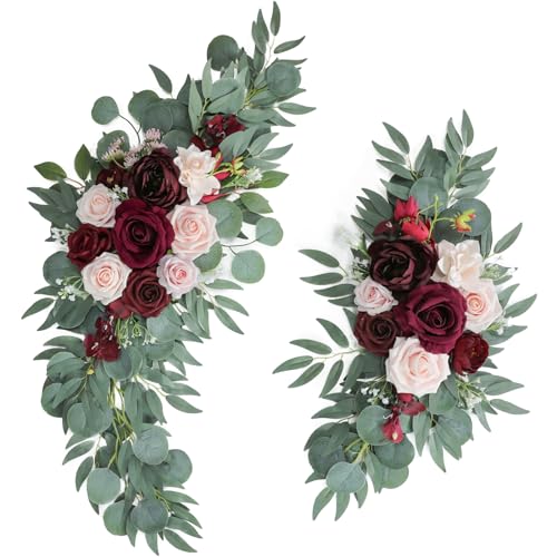 ponatia Wedding Arch Flowers (Pack of 2), Artificial Burgundy Wedding Flowers for Wedding Welcome Signs Decorations and Arch Flower for Wedding Ceremony Reception (Burgundy & Blush) - color: Burgundy & Blush