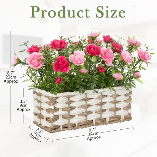 Artificial Rose Flowers with Woven Basket, Faux Blooming Roses in Fake Rattan Planter for Table Centerpiece, Romantic Floral Arrangement for Home Dining Room Wedding Sweet Decor, Hot & Soft Pink - color: Hot & Soft Pink