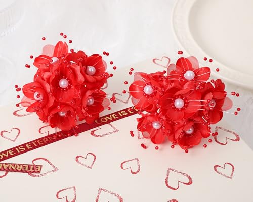 72PC Artificial Silk Pearl Spray Craft Flower for Home Craft Decor DIY Wedding Bridal Veil Headband Dress Cake Topper Embellishment Scrapbook Favor Corsage Floral Bouquet Arrangement (Red) - color: Red