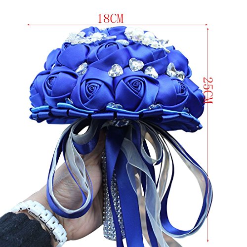 S_SSOY Customizable Romantic Wedding Bouquets Silk Flowers Bridal Holding Roses Bride Bridesmaid Brooch Bouquet with Pearl Diamond Crystal Ribbon Valentine's Day with Free Corsage (Blue) - color: Blue