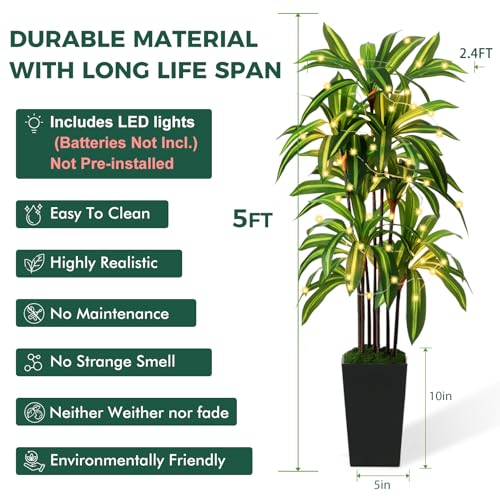 Artificial Dracaena Tree 5FT, Fake Plants with Black Tall Planter - Fake Tree Tall Faux Plants Indoor Floor Plant with Moss - Artificial Plants Indoor for Office Living Room Home Decor