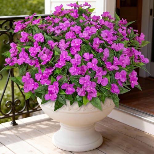 Artificial Flowers for Outdoors Decorations, 6 Bundles Realistic Impatiens Silk Faux Flowers UV Resistant Fake Plants for Outside Pot Patio Garden Porch Planters Window Box Balcony Indoor Home Decor - color: Purple