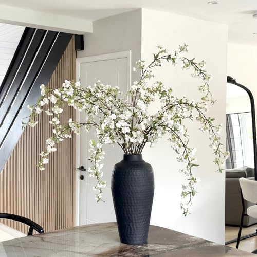Zeyune 6 Pcs Artificial Cherry Blossom Branches with Green Buds 40", Spring Evergreen Faux Stem Plastic Plant Stem Picks Sprigs for Tall Vase DIY, Modern Home Table Wedding Indoor and Outdoor Decor - color: White, size: Blossom Style