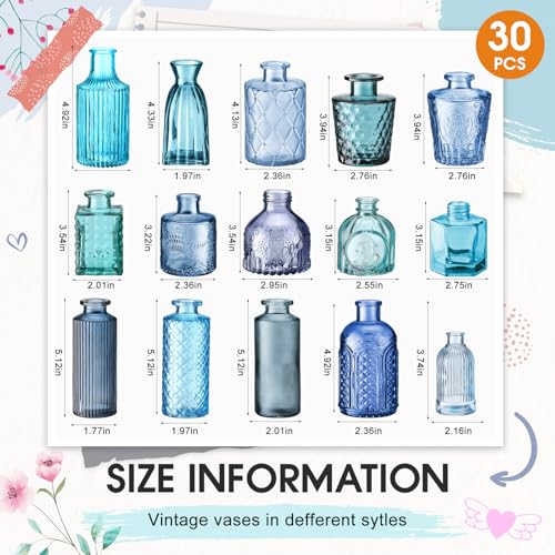 Yaomiao 30 Pcs Vases Bulk Colored Flower Glass Bud Vases Valentine Vintage Colored Glass Bottles Colorful Rustic Embossed for Home Wedding Table Decorations Gifts(Blue Series) - color: Blue Series