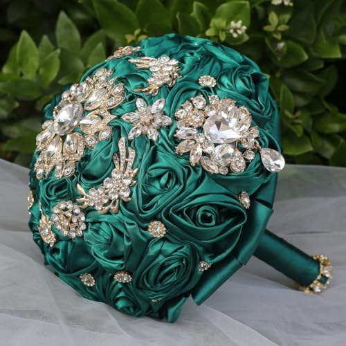 7.5in Dark Green Handmade Wedding Bouquet with Luxury Gold Rhinestone Brooch Satin Rose Flower Bridal Bouquet for Bride Bridesmaid Quinceanera Wedding Bouquet Dark Green - color: Dark Green, size: Medium (DIA. 7.5"/19cm)
