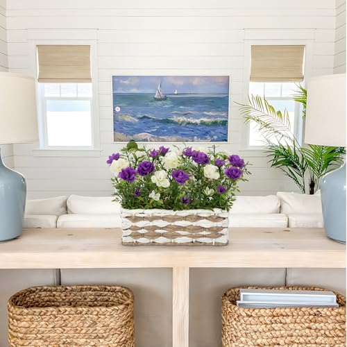 Artificial Rose Flowers with Woven Basket, Faux Roses in Fake Rattan Planter for Table Centerpiece, Romantic Floral Arrangement for Home Bathroom Office Desk Spring & Rustic Decor, Cream White Purple - color: Cream White & Purple