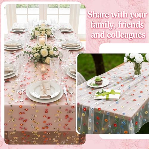 6 Pcs Embroidery Daisy Tulle Table Runners Bohemian Country Florals Tulle Lace Table Runner 120 Inch 10 Ft White Champagne Pink Lace Fabric for Home Dining Wedding DIY Craft - style: Daisy