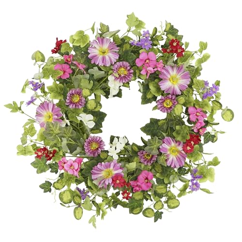 YNYLCHMX 20" Spring Summer Wreaths for Front Door, Artificial Floral Wreath with Pink Daisy & Green Eucalyptus Leaves, Green Foliage Wreath for Wall Window Farmhouse Party Holiday Home Decor - color: Pink Daisy