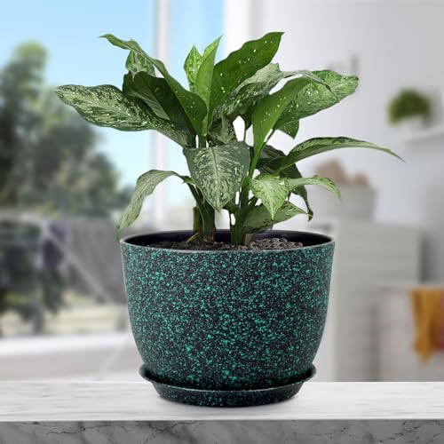 Meowell 12 inch Large Plant Pots, Plastic Planters with Drainage Holes and Saucers, Flower Pots for Indoor Outdoor Plants, Decorative Pots for Garden House Plants, Black with Green Speckles - color: Black With Green Speckles, size: 12inch C