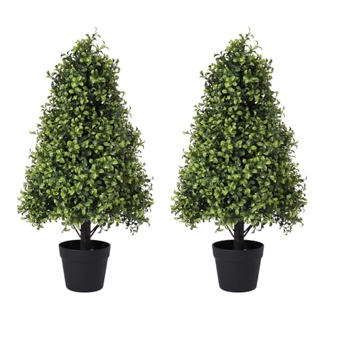 30" Artificial Boxwood Topiary Trees Outdoor Set of 2 - UV Resistant Faux Plants for Front Porch Outside Planter, Realistic Fake Cone-Shaped Bushes & Shrubs 2.5ft - color: Eucalyptus Light Green, size: 30in