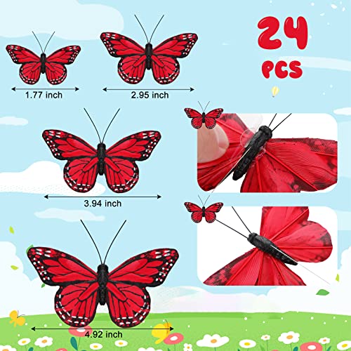 24 Pcs Monarch Butterfly Decorations 4 Size Artificial Monarch Feather Fake Butterfly Picks Crafts with Wire for Wall Flower Pot Spring Floral Party Home Decor(Bright Colors) - color: Bright Colors