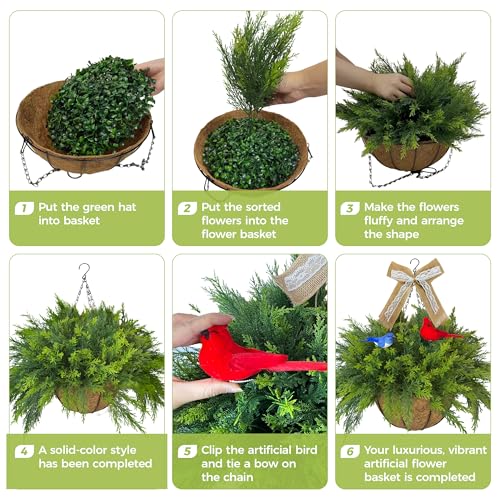 Artificial Hanging Plant Flower Baskets Set of 2, Faux Ferns with Birds and Linen Bows, Fake Planters Hanging with 24 Pcs Cypress Leaves, UV Resistant for Spring Summer Outdoor Porch Garden - color: Green