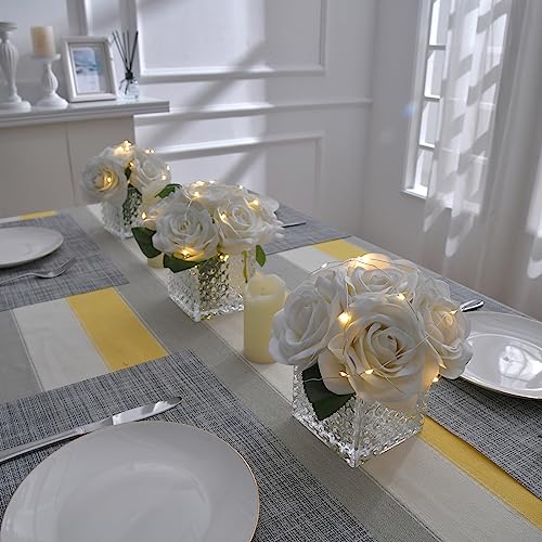 Fule Artificial Silk Rose Flower Centerpiece Arrangement in Glass Vase with LED Light for Home Wedding Decoration (Ivory) - color: Ivory