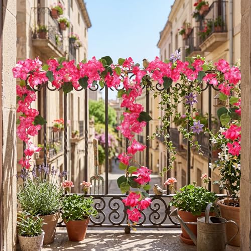 Bougainvillea Artificial Flowers Garlands, 3.94ft 2PCS Detachable UV Resistant Faux Bougainvillea Hanging Flowers Vines for Outdoor Patio Garden Decor(Hot Pink) - color: Hot Pink