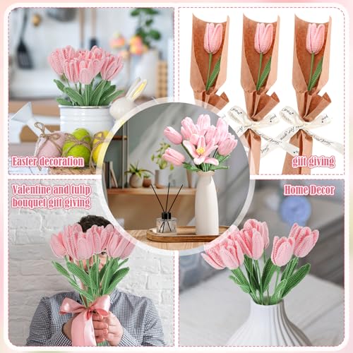 Shihanee 10 Pcs Tulip Crochet Flowers Bouquet Handmade Knitted Flower Decor Birthday Gifts for Women Grandma Spring Home Vase Centerpiece, 13.7", Vase Not Inchluded(Pink) - color: Pink