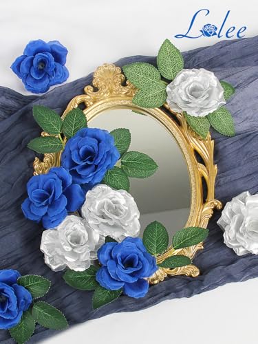 LELEE 108pcs Roses Head Flowers with Stem, Royal Blue and Silver Artificial Flowers Rose Bulk, Silk Rose Fake Flower for Baby Shower, Birthday, Graduation, Retirement, Anniversary Party Decorations - color: Silver-blue
