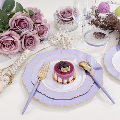 WDF 60pcs Purple Plates Disposable with Gold Rim - Baroque Light Purple Plastic Plates - Lavender Plates for Spring/Wedding/Birthday - color: Purple and White, size: 60PCS