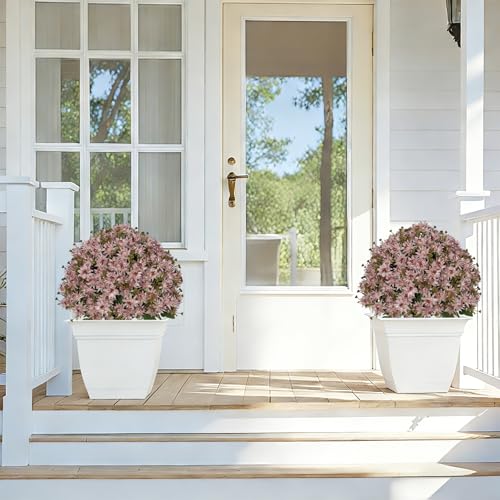 24” Artificial Flowers for Outdoors, Set of 2- UV Resistant Look Real Faux Purple Mums with Cement Pots, Realistic Fake Plastic Plants for Front Porch Planter Entryway Indoor Decor - color: Daisy Pink Lavender