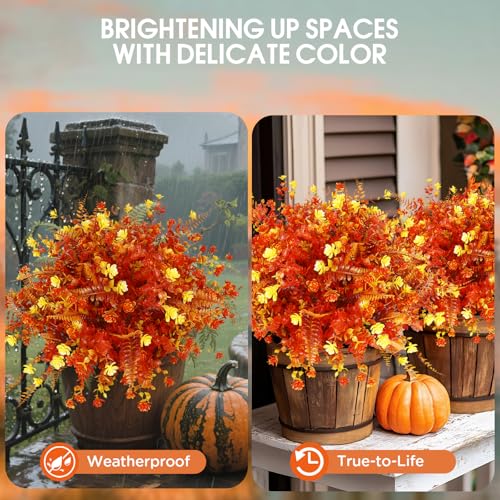 Artificial Fall Flowers for Outdoors,36 pcs Faux Outdoors Plants Realistic Artificial Autumn flower UV Resistant for outside Look Real Fake Plants for Thanksgiving Porch Decor Window planters wedding - color: Fall Red ＆ Yellow（with Fall Ferns）, size: 36 p