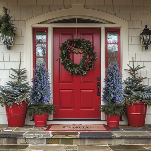 Christmas Artificial Lavender Cone Topiary Trees with Spike, 2 Pack UV Resistant & Anti Lodging Artificial Shrubs, 3FT Fake Evergreen Artificial Plant Brush for Indoor Outdoor Front Porch Garde - size: Lavender Cone Topiary Trees