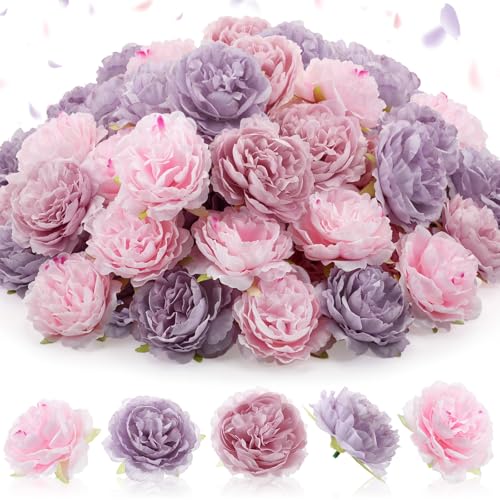 Thiccywoov 50 Pcs Artificial Flowers, 3.2 Inches Silk Rose Head Flowers Fake No Stem for Wedding Bridal Bouquet Home Floral Decor DIY Centerpieces Arrangements Party Tables Decoration(Pink Purple) - color: Pink Purple