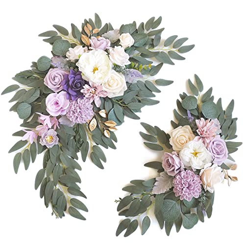 Faux Flower Swag Set of 2 for Wedding Welcome Signs Floral Swag Wedding Reception Ceremony Signs Decor (Purple) - color: Purple-cream