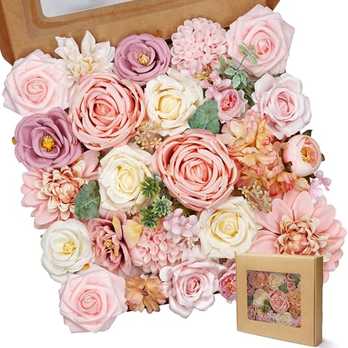 Pink Artificial Flowers Combo Silk Mix Fake Flowers with Stem for DIY Wedding Arch Bridal Bouquets Baby Shower Centerpieces Party Wall Home Decorations - color: Pink,white