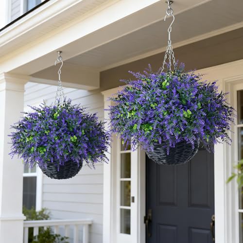 GLIDLION Artificial Eucalyptus & Lavender Hanging Basket (2 Pieces) - Realistic Fake Hanging Plants Set, Outdoor Faux Eucalyptus Leaves for Farmhouse Eaves Porch Decor | Spring,Summer,All Season