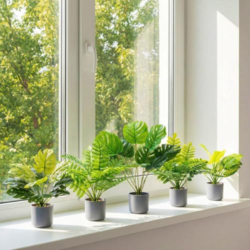 Suncalla 5 Pcs 11 inch Artificial Potted Tropical Plants Indoor Small Faux Monstera Plant in White Pebbles Pots Fake Greenery Table Centerpiece for Home Living Room Kitchen Office Shelf Bedroom Desk