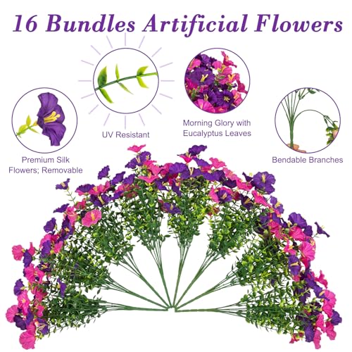Artificial Flowers for Outdoors, 16 Bundles Mix Color Silk Fake Flowers Morning Glory UV Resistant Eucalyptus Plants Faux Petunias Plants for Porch Garden Planters Window Box Outside Indoor Decor - color: Purple Fuchsia