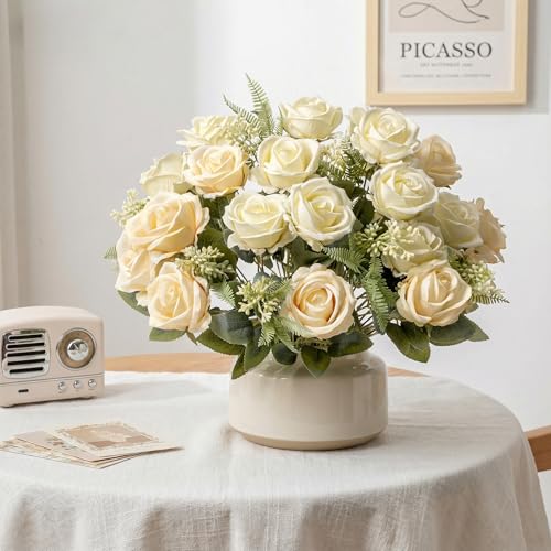 Fake Roses Champagne Roses Artificial Roses Silk Roses Artificial Roses with Stems 24 Full Flower Heads Faux Roses for Indoor Centerpieces home Wedding Farmhouse Decoration No Vase(4PCS,Champagne) - color: Champagne 4pcs
