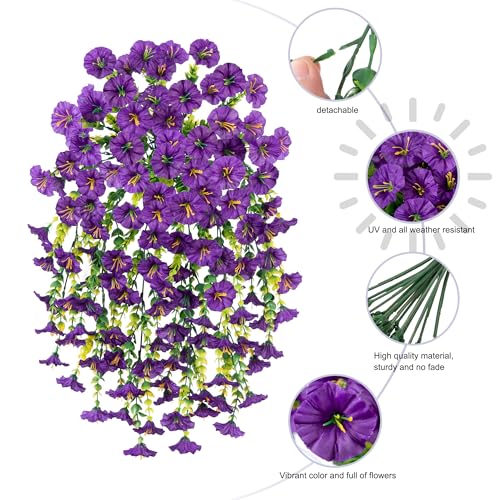 Ivydale 2 PCS Artificial Hanging Flowers Fake Plants Outdoor,Silk Morning Glory Faux Flowers with Eucalyptus Leaves,UV Resistant Realistic Hanging Petunias Plants for Home Garden Decor (Purple) - color: Purple