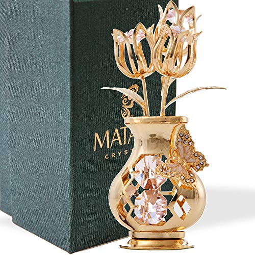 Matashi Crystal Studded 24K Gold Plated Flower Ornament with Pink Crystals and Butterfly Vase – Elegant Tabletop Accent for Living Room – Keepsake Gift for Women, Mom, Wife, Grandma, Birthday - color: Pink Crystal