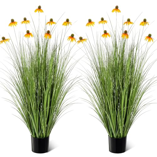 Jexine 2 Pack 4ft/47inch Artificial Grass Plant Outdoor Artificial Greenery Grass in Pot with Fake Daisy Flowers for Spring Room Office Indoor Outdoor Decor Housewarming Gifts - color: Yellow Daisy, size: 4ft