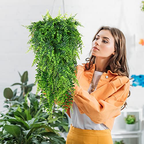 Lyrow 8 Pcs Artificial Hanging Plants 32 in Fake Plant Fake Boston Ferns Plastic Faux for Wall House Room Garden Wedding Garland Indoor Outdoor Decoration, No Basket